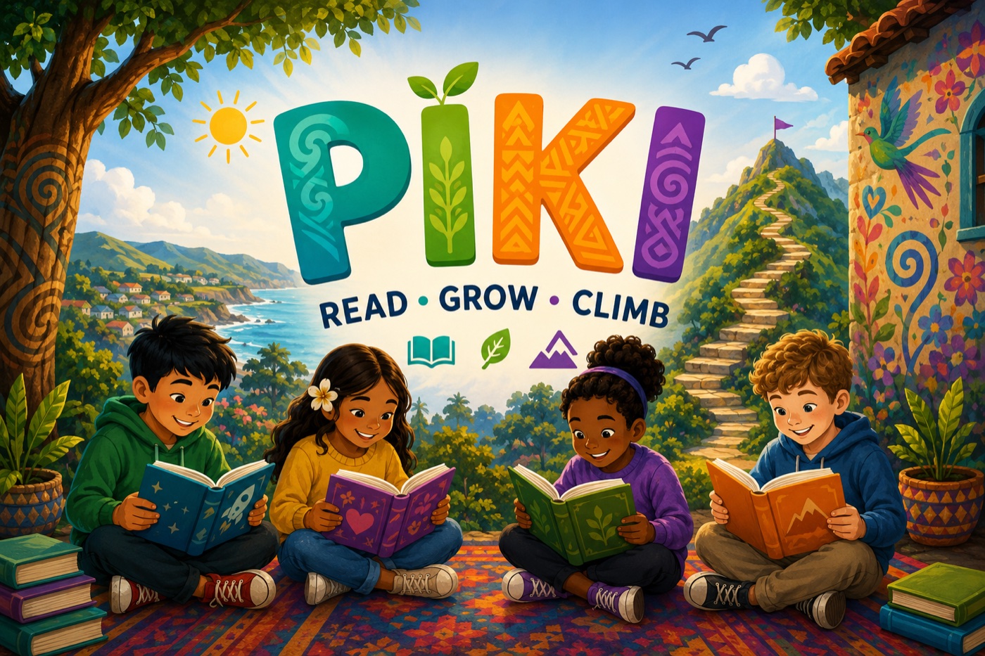 Piki — Read. Grow. Climb. Four kids reading books together on a rug, with a mountain trail behind them.